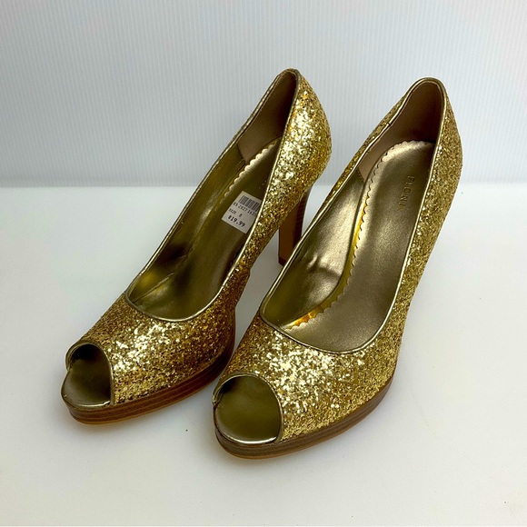 FIONI sz 8 Heels Open Toe Slight Platform Glitter Sparkly GOLD - Picture 1 of 11